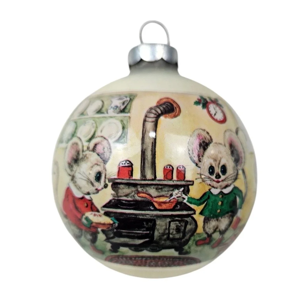 Vtg Corning Glass Works Christmas Ornaments of Mice Family Kitchen Holiday Decor
